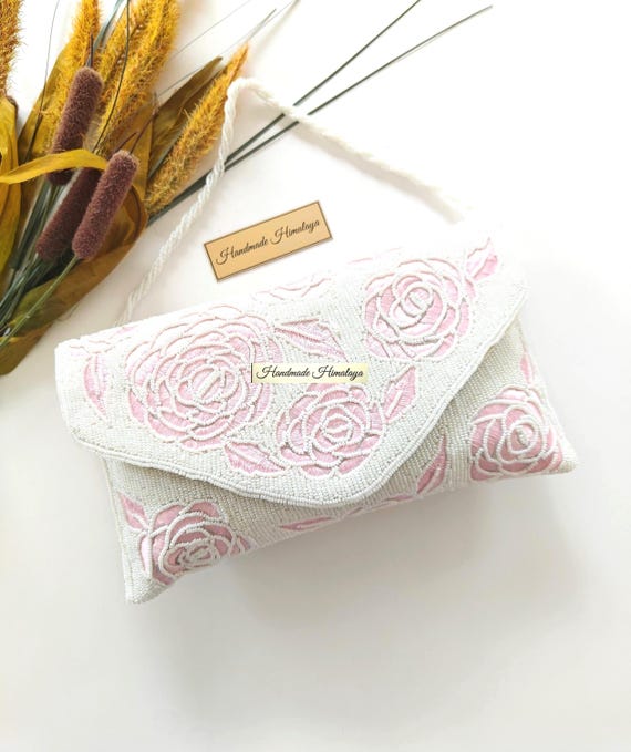 Pink Rose Beaded Clutch | White Floral Seed Bead Bridal Bag | Evening Wedding Crossbody Purse