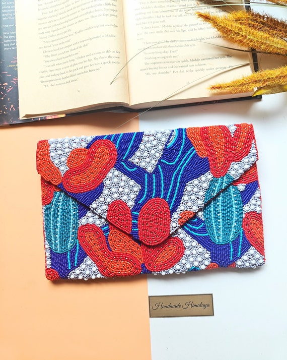 Abstract Art Beaded Clutch, Envelope Crossbody Design, SeedBead Purse, Red Blue Embroidery, GIft for Her, Party Evening Bags