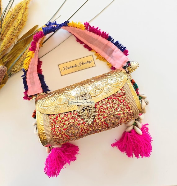 Gold Brass Clutch, Floral Engraved Brass Bag Kuchi Banjara Vintage Metal Crossbody Indian Purses