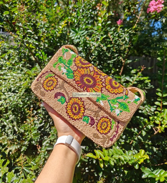 Sunflower Beaded Bag, Floral Purse, DragonFly Floral Handbag, Beaded Shoulder Bag, Beaded Evening Bag, Wedding Gift, Flower Bag, Brown Purse