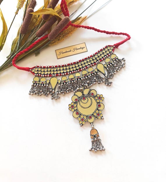 Vintage Afghan Kuchi Mirror Choker | Red Glass Tribal Necklace | Belly Dance Festival Statement Piece