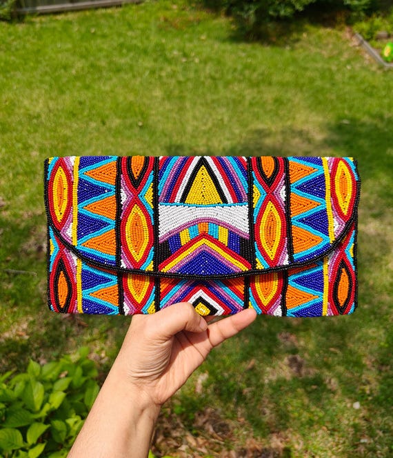 Tribal Beaded Clutch, Multicolor Beaded Purse, Festival Boho Handbag, Ethnic Purse, Summer Purse, Crossbody Bag, Gift for Her, Statement Bag