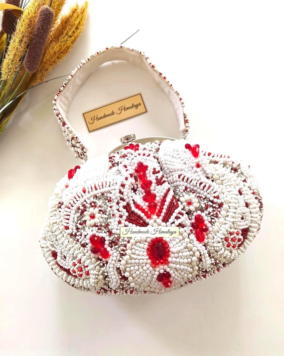 White Pearl Beaded Clutch | Red Crystal Bridal Purse Batua Bag