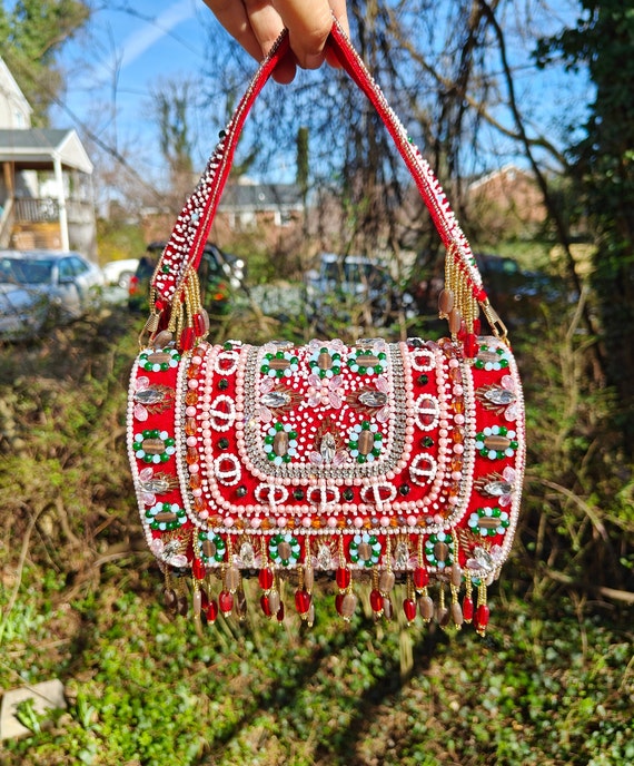 Red Beaded Bag, Party Evening Bag, Indian Wedding Beaded Clutch, Flap Wristlet, Gift for Her, Red Bead Bags