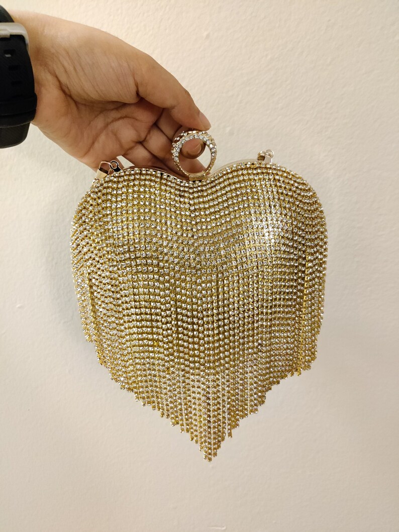 Golden Clutch Purse, Golden orders Party Clutch, Party Clutch Purse, Rhinestones Beaded Purse, Heart Shaped Clutch Purse, Golden Heart Purse
