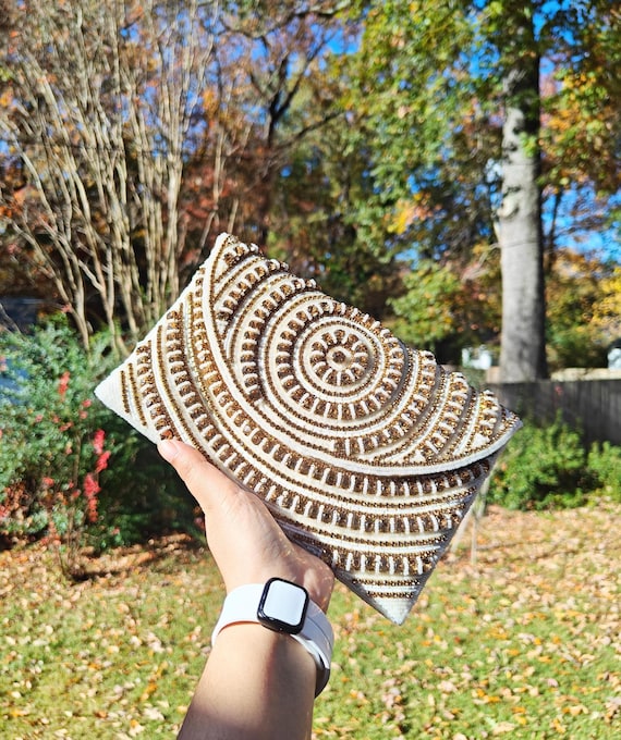 White Gold Clutch Geometric Bridal Wedding Purse Crossbody Ivory Reception Bag