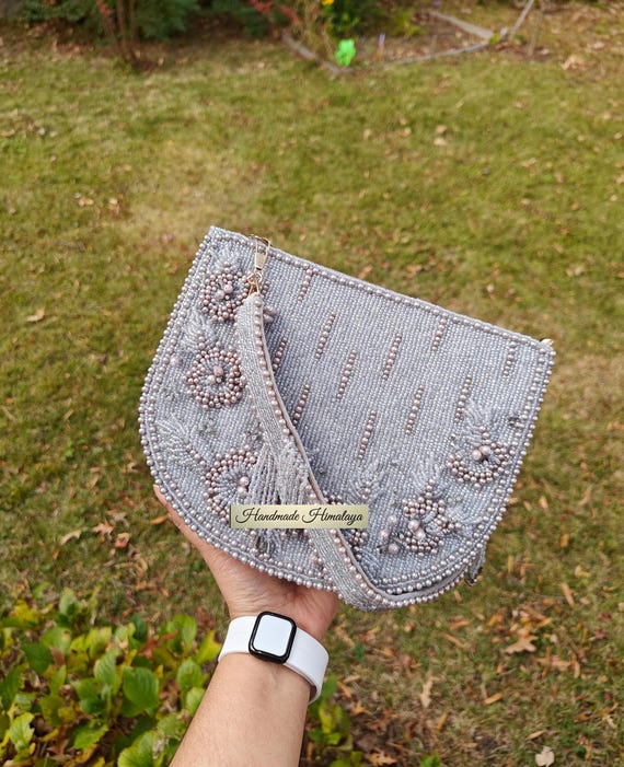 Gray Beaded Purse Pearl Evening Bag Wedding Clutch Bridal Purse Luxury Handbag for Women