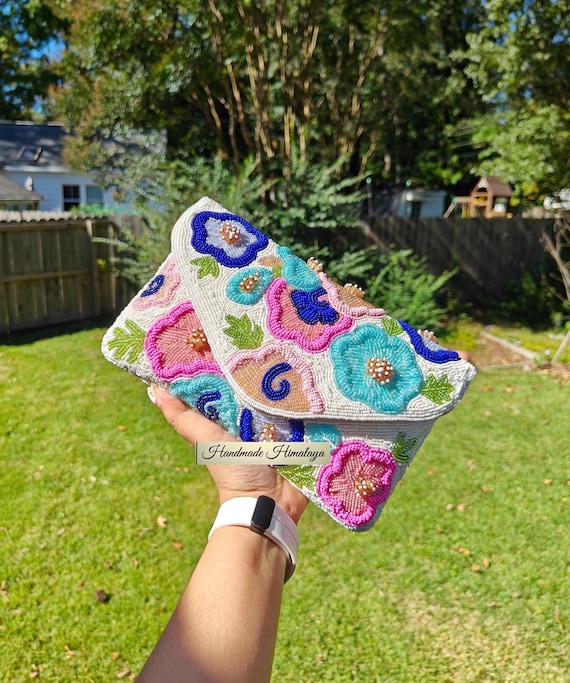 Floral Beaded Clutch Purse, Multicolor Embroidered Evening Bag