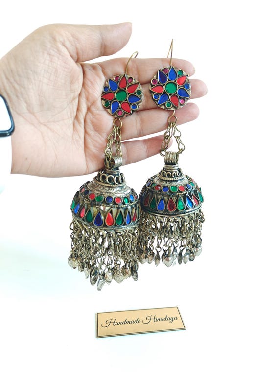 Vintage Afghan Earrings Oversized Silver Metal Multicolor Glass Tribal Kuchi Jhumka Bell Jewelry Dangle