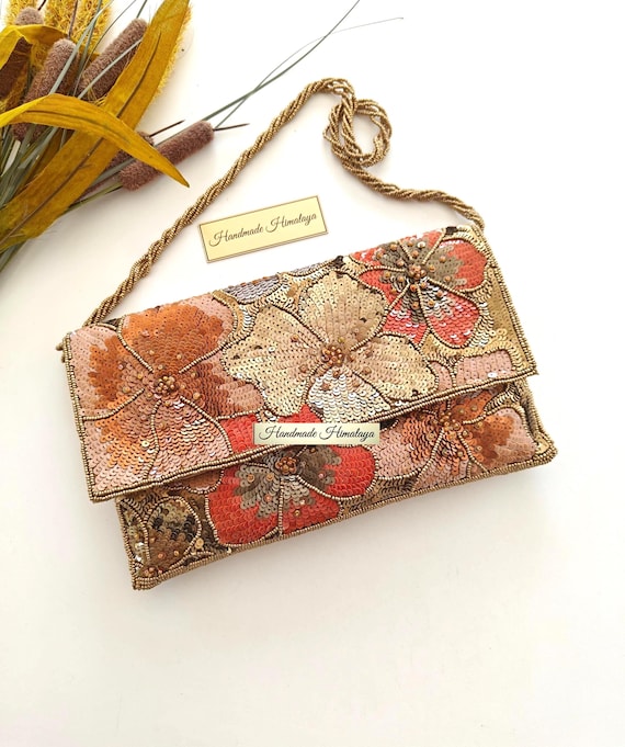 Champagne Floral Sequin Clutch | Gold Beaded Evening Purse | Rectangular Envelope-Style Handbag