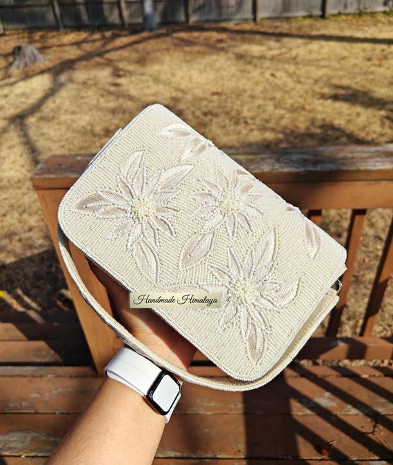 Ivory White Floral Beaded Clutch | Handmade Bridal Clutch Bag | Wedding Wristlet Purse Shoulder Bag