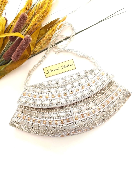 Silver Beaded Bridal Clutch | Shimmering Wedding Evening Bag |Formal Gala Crystal Party Purse