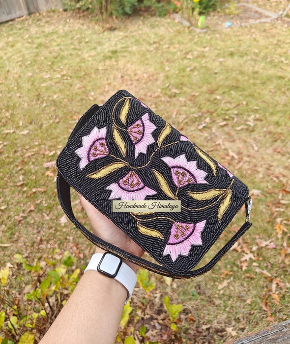 Black Floral Beaded Clutch | Pastel Gold & Pink Evening Bag | Bridal Cherry Blossom Purse
