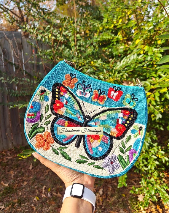 Butterfly Beaded Bag | Colorful Seed Bead Floral Shoulder Handbag