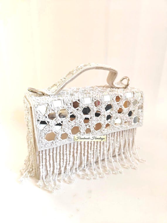White Beaded Bridal Bag | Mirror Work Fringe Wedding Purse