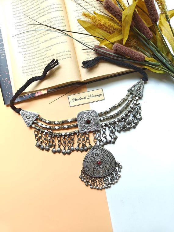Vintage Afghan Choker: Kuchi Tribal Necklace Oxidized Silver Belly Dance Jewelry