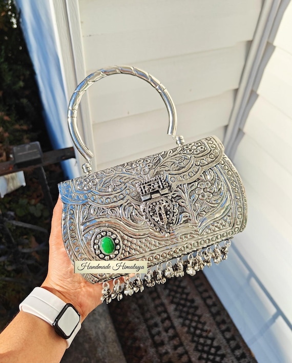 Silver Brass Clutch, Indian Wedding Metal Handbag with Handle and Engraved Design