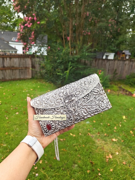 Silver Brass Clutch, Engraved Metal Evening Bag Crossbody Wedding Purse