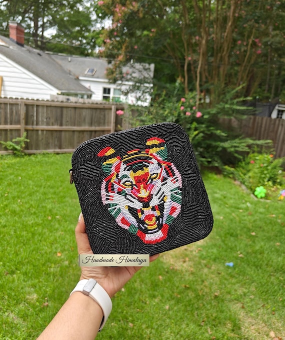 Tiger Beaded Bag, Beaded Crossbody Bag, Beaded Strap Purse, Black Beaded Purse, Team Tiger Bag, Gift for Her, Beaded Clutch, Box Bag