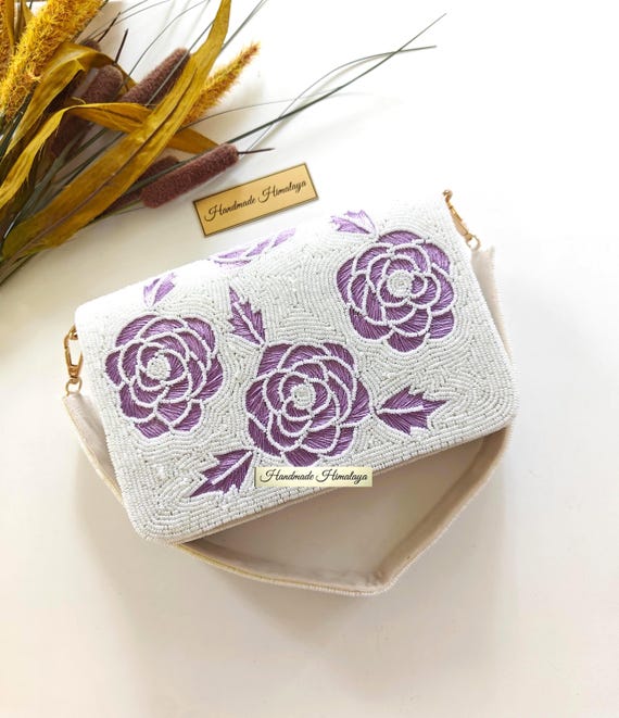 Purple Floral Beaded Clutch | Bridal Wedding Evening Bag