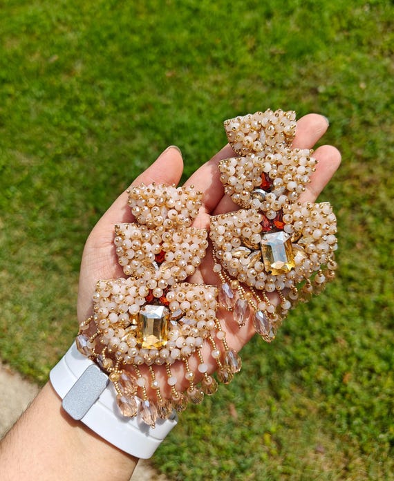 Golden Earrings, Beaded Earrings, Statement Earrings, Crystal Earrings, Seed Bead Earrings, Indian Jewelry, Party Earrings, Evening Earrings