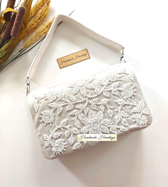 White Beaded Bridal Handbag | Ivory Floral Wedding Purse