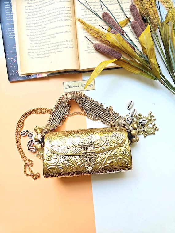 Vintage Gold Brass Clutch Purse: Indian Bridal Metal Evening Bag