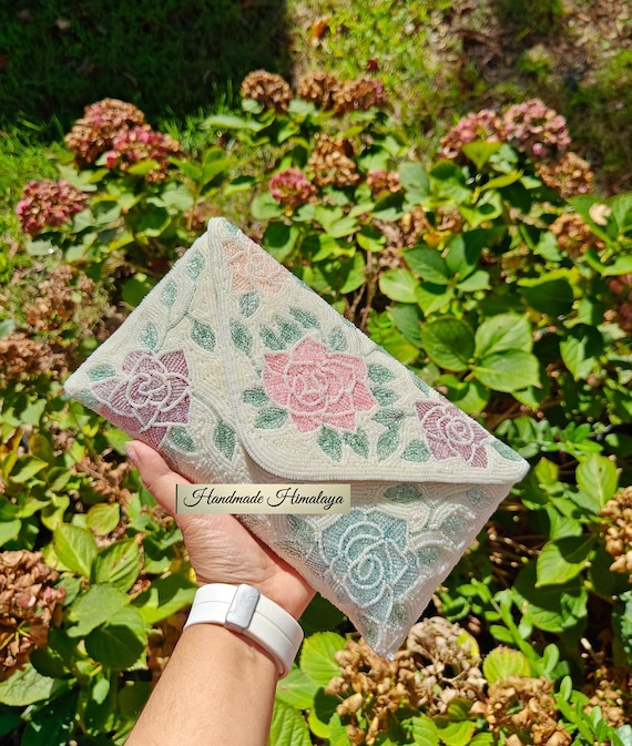 Floral Beaded Clutch: Ivory Pastel Wedding Crossbody Purse
