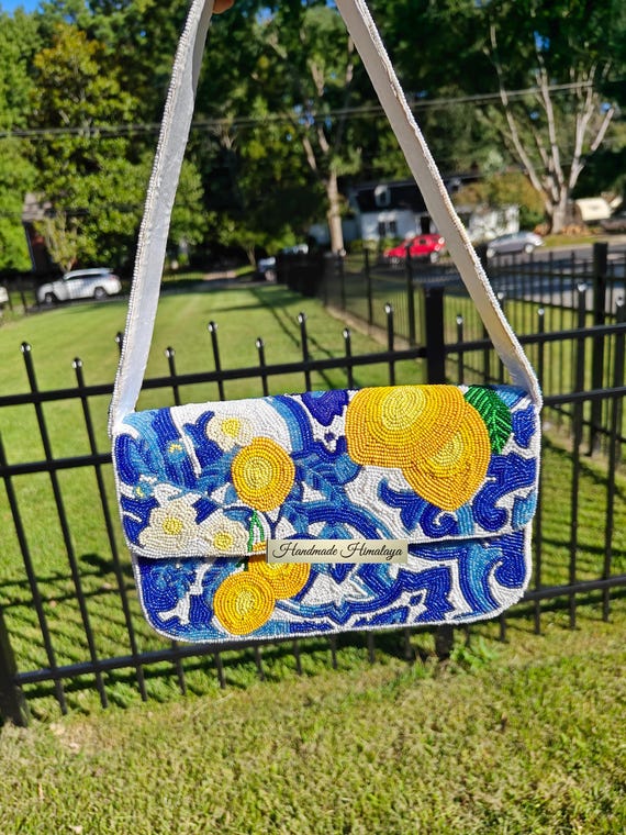 Lemon Beaded Bag Shoulder Handbag Party Evening Amalfi Citrus Fruit Purse Blue Yellow Top Handle Bag