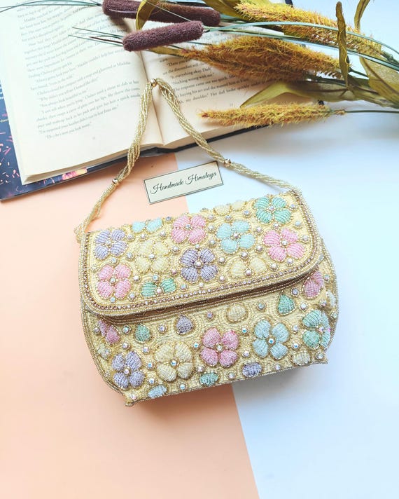 Gold Beaded Purse, Pastel Colorful Flowers, Floral Embroidered Crossbody Sling Handbags for Summer, Gifts for Her, Party Evening Bag