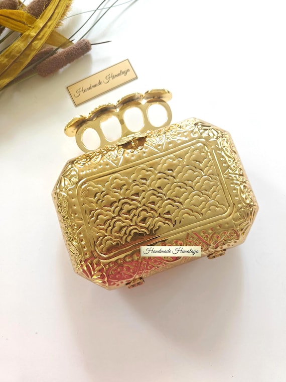 Gold Brass Knuckle Clutch Purse | Indian Bridal Wedding Metal Evening Bag