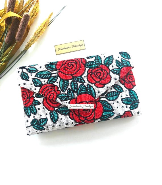 Beaded Clutch Purse | Rose Floral Wedding Guest Evening Purse
