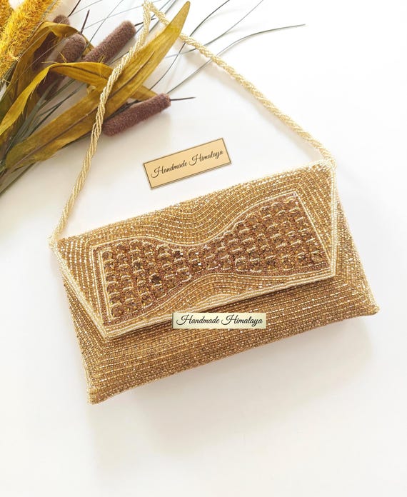 Gold Beaded Clutch Bag | Crystal Bridal Evening Purse
