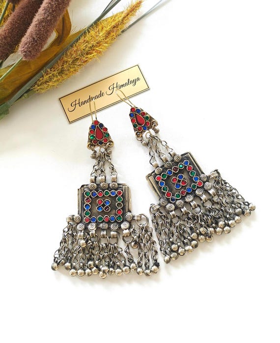 Vintage Afghan Kuchi Tassel Earrings | Colorful Glass Inlay Dangles | Oxidized Silver Festival Statement Jewelry