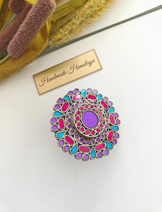Afghan Mirror Ring | Tribal Brass Finger Jewelry | Ethnic Pink Purple Blue Glass Band for Festivals