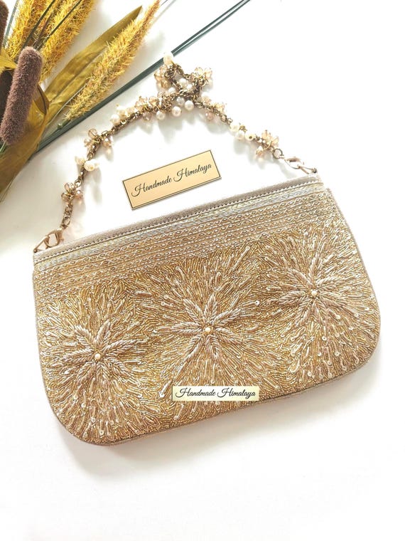Gold Bridal Clutch, Pearl Wedding Guest Evening Purse, Reception Handbag Pouch