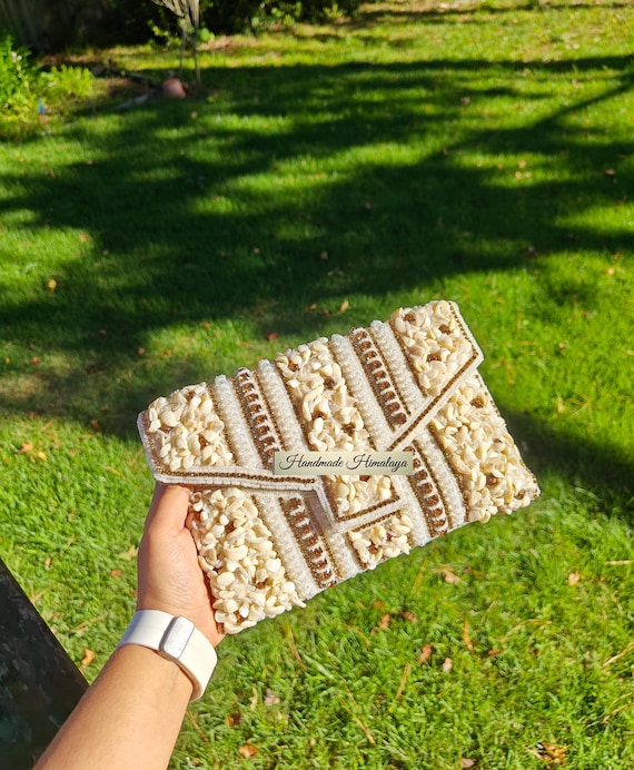 Ivory Beaded Clutch: Mother of Pearl Purse with Crossbody Sling for Weddings and Parties