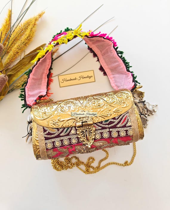 Vibrant Pink Banjara Brass Box Bag | Vintage Bohemian Evening Clutch | Zardosi Silk Metal Bag