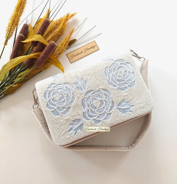Pastel Blue Floral Beaded Clutch | Flower Rose Wedding Purse | Bridal Evening Bag