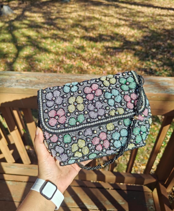 Floral Beaded Shoulder Bag, Pastel Embroidery Purse, Black Beaded Evening Clutch, Handmade Beaded Handbag, Unique Gift for Her