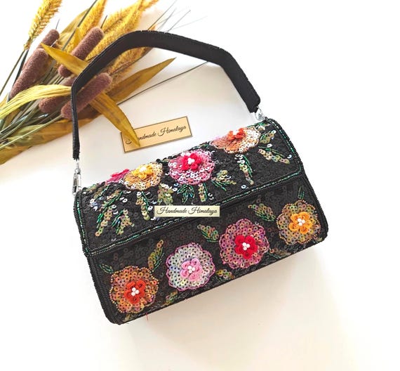 Black Floral Sequin Beaded Bag | Boho Embroidered Evening Purse | Colorful Flower Wedding Party Clutch
