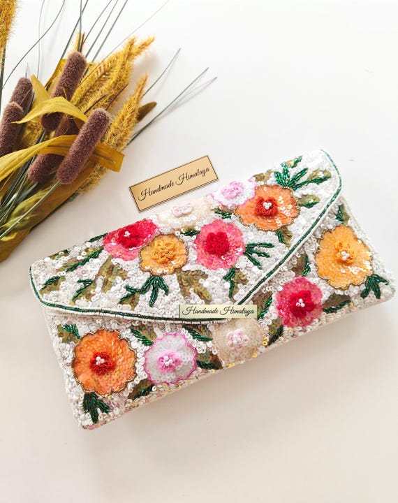 Floral Beaded Clutch Purse, 3D Sequin Flower Evening Bag with Detachable Crossbody Chain, Bridal Summer Handbag