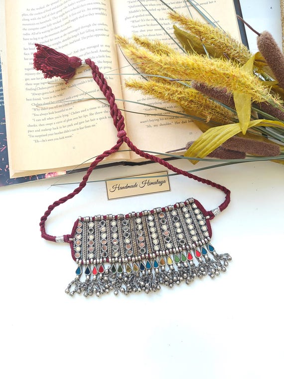 Vintage Kuchi Mirror Choker | Afghan Tribal Necklace | Colorful Banjara Festival Jewelry