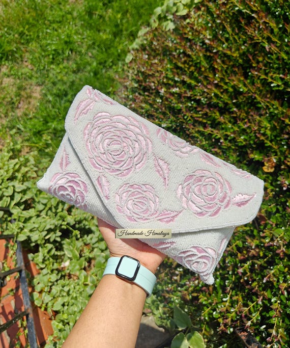 Pink Floral Bridal Clutch | White Beaded Wedding Purse