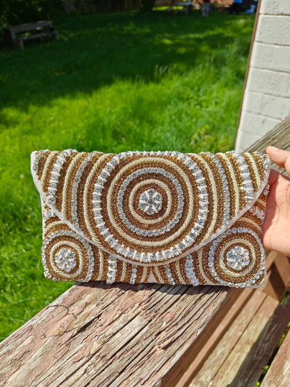Gold White Clutch - Beaded Purse, Party Evening Bag, Bridal Crystal Crossbody, Envelope Handbag, Gift for Her