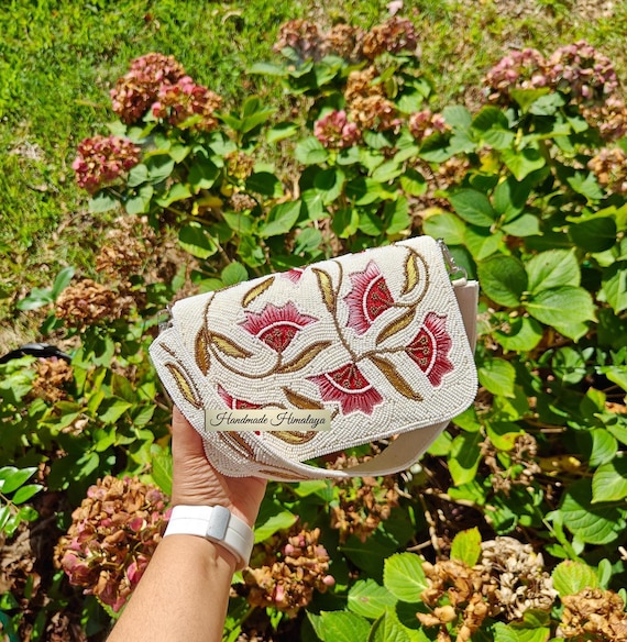 Pink Floral Beaded Clutch | Ivory White Seed Bead Evening Bag | Pink Flower Cherry Blossom Bridal Purse | Wedding Guest Crossbody Handbag