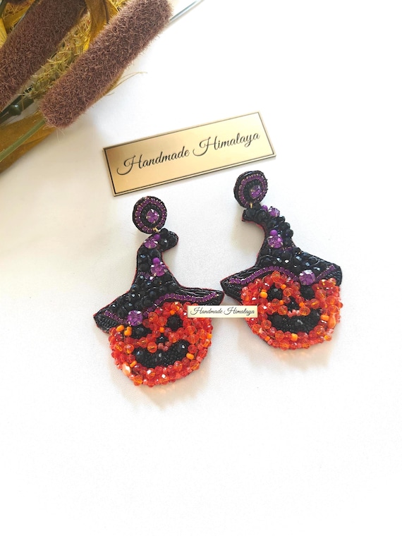 Halloween Pumpkin Earrings | Jack O Lantern Beaded Jewelry
