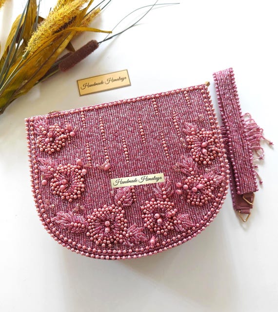 Pink Bridal Clutch | Pearl Floral Wedding Purse | 3D Beaded Evening Bag