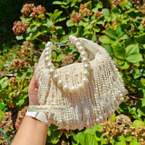 Pearl Beaded Bridal Bag: Wedding Potli Purse with Wristlet Handle and Fringes