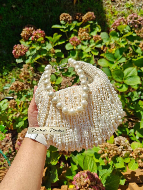 Pearl Beaded Bridal Bag: Wedding Potli Purse with Wristlet Handle and Fringes